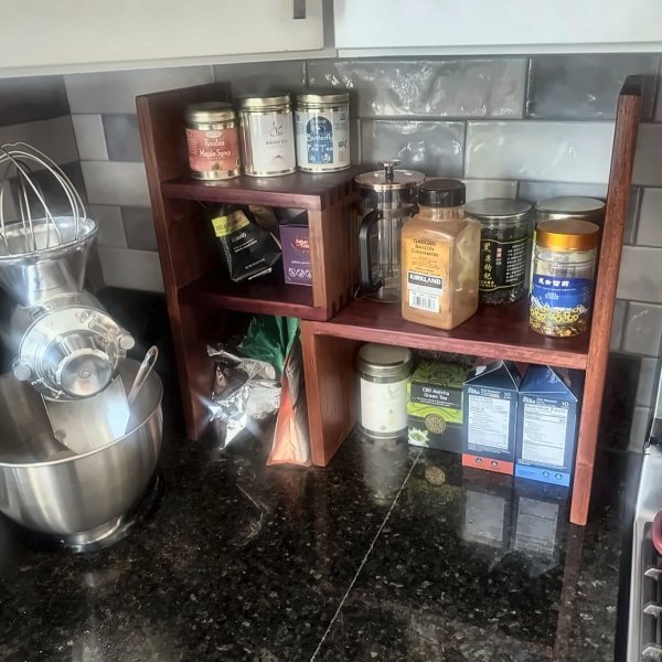 Padauk spice and tea shelf in use